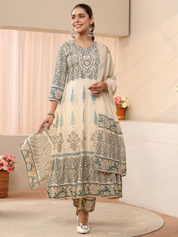 Libas - Women Cream Printed Cotton Anarkali Kurta and Pant with Dupatta