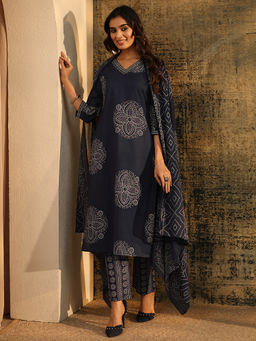 Libas - Women Navy Blue Printed Cotton Kurta and Pant with Dupatta
