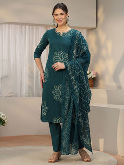 Libas - Women Green Floral Cotton Kurta and Pant with Dupatta