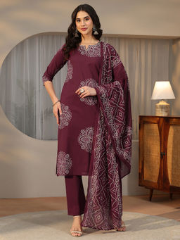 Libas - Women Burgundy Printed Cotton Kurta and Pant with Dupatta