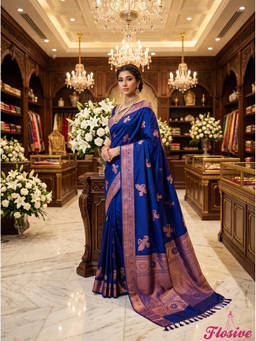 FLOSIVE - Women Blue Printed Silk Saree
