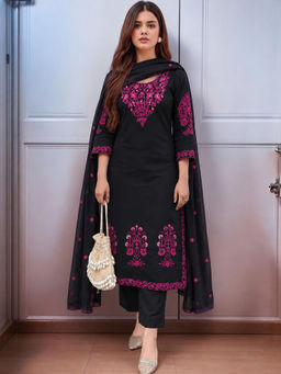 Aaghnya - Women Black Embroidered Viscose Rayon Kurta and Pant with Dupatta