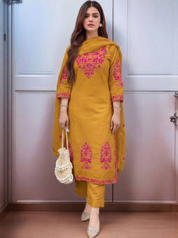 Aaghnya - Women Mustard Embroidered Viscose Rayon Kurta and Pant with Dupatta