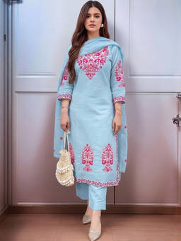 Aaghnya - Women Blue Embroidered Viscose Rayon Kurta and Pant with Dupatta