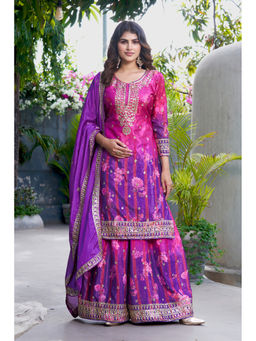 Miss Ethnik - Women Purple Lace Work Chinon Kurta and Palazzo with Dupatta