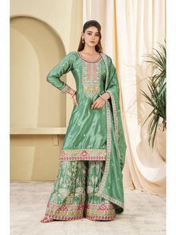 Miss Ethnik - Women Green Lace Work Chinon Kurta and Palazzo with Dupatta