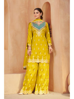 Miss Ethnik - Women Yellow Thread Work Silk Blend Kurta and Palazzo with Dupatta