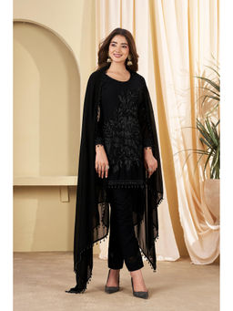 Miss Ethnik - Women Black Embellished & Sequined Georgette Kurta and Pant with Dupatta
