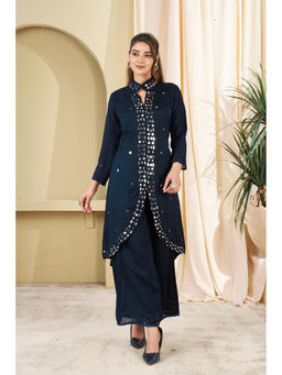 Miss Ethnik - Women Blue Mirror Work Silk Blend Kurta with Palazzo