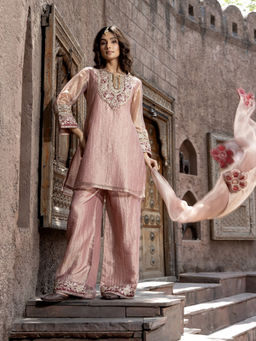 Autumnlane - Women Pink Thread Work Blended Kurta and Palazzo with Dupatta