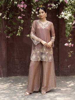 Autumnlane - Women Brown Thread Work Blended Kurta and Palazzo with Dupatta