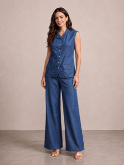 Autumnlane - Women Blue Plain Denim Co-Ord Set