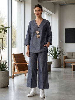 Autumnlane - Women Grey Plain Denim Co-Ord Set