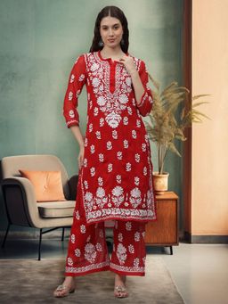 Seva Chikan - Hand Embroidered Red Georgette Lucknowi Chikankari Kurta and Palazzo (Set of 2)