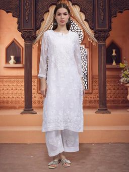 Seva Chikan - Hand Embroidered White Georgette Lucknowi Chikankari Kurta and Palazzo (Set of 2)