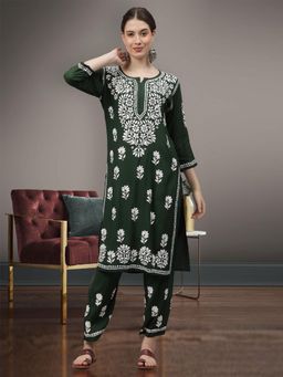 Seva Chikan - Hand Embroidered Dark Green Rayon Lucknowi Chikankari Kurta and Palazzo (Set of 2)