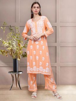 Seva Chikan - Hand Embroidered Peach Rayon Lucknowi Chikankari Kurta and Palazzo (Set of 2)