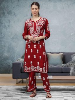 Seva Chikan - Hand Embroidered Red Rayon Lucknowi Chikankari Kurta and Palazzo (Set of 2)