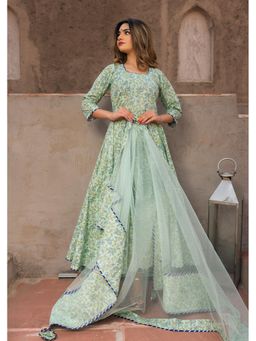 POMCHA - Aqua Green Hand Block Print Anarkali (Set of 3)