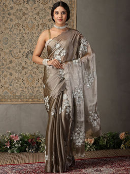 Garden VARELI - Women Grey Chiffon Floral Sequined Saree with Unstitched Blouse