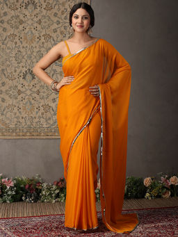 Garden VARELI - Women Orange Crepe Solid Lace Border Saree with Unstitched Blouse