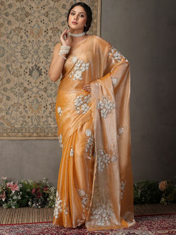 Garden VARELI - Women Light Orange Chiffon Floral Sequined Saree with Unstitched Blouse