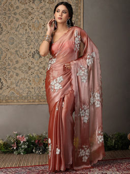 Garden VARELI - Women Rust Chiffon Floral Sequined Saree with Unstitched Blouse