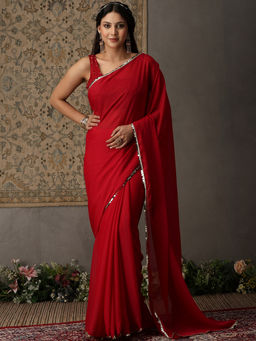 Garden VARELI - Women Red Crepe Solid Lace Border Saree with Unstitched Blouse