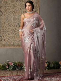 Garden VARELI - Women Lavender Chiffon Floral Sequined Saree with Unstitched Blouse