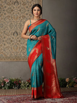 Garden VARELI - Women Teal Art Silk Checks Woven Design Saree with Unstitched Blouse