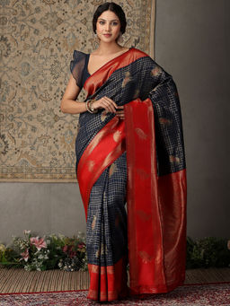 Garden VARELI - Women Navy Blue Art Silk Checks Woven Design Saree with Unstitched Blouse