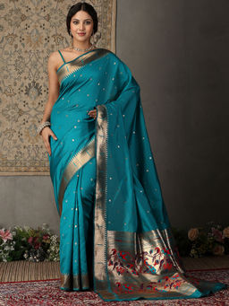 Garden VARELI - Women Teal Art Silk Zari Woven Design Saree with Unstitched Blouse