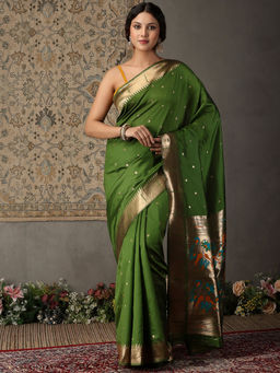 Garden VARELI - Women Olive Art Silk Zari Woven Design Saree with Unstitched Blouse