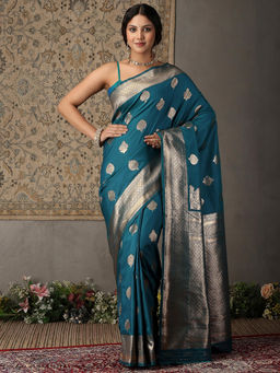 Garden VARELI - Women Teal Art Silk Zari Woven Design Saree with Unstitched Blouse
