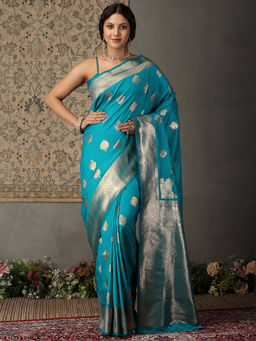 Garden VARELI - Women Blue Art Silk Zari Woven Design Saree with Unstitched Blouse