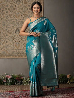 Garden VARELI - Women Teal Art Silk Floral Woven Design Saree with Unstitched Blouse