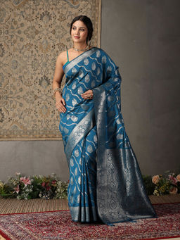 Garden VARELI - Women Dark Blue Art Silk Woven Design Saree with Unstitched Blouse