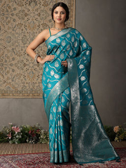 Garden VARELI - Women Blue Art Silk Woven Design Saree with Unstitched Blouse