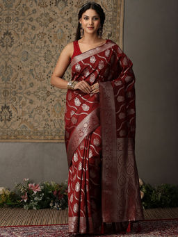 Garden VARELI - Women Maroon Art Silk Woven Design Saree with Unstitched Blouse
