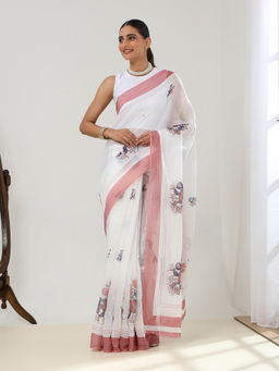 Garden VARELI - Women White-Pink Pure Cotton Floral Printed Embroidered Saree with Unstitched Blouse