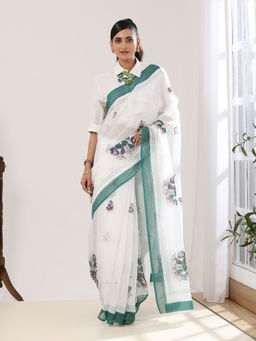 Garden VARELI - Women White-Green Pure Cotton Floral Printed Embroidered Saree with Unstitched Blouse