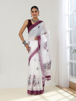 Garden VARELI - Women White-Purple Pure Cotton Floral Printed Embroidered Saree with Unstitched Blouse