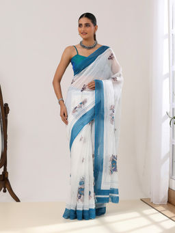 Garden VARELI - Women White-Blue Pure Cotton Floral Printed Embroidered Saree with Unstitched Blouse