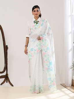 Garden VARELI - Women White Pure Cotton Floral Printed Saree with Unstitched Blouse