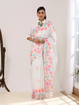 Garden VARELI - Women White Pure Cotton Floral Printed Saree with Unstitched Blouse