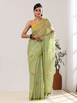 Garden VARELI - Women Green Pure Cotton Checks Floral Printed Saree with Unstitched Blouse
