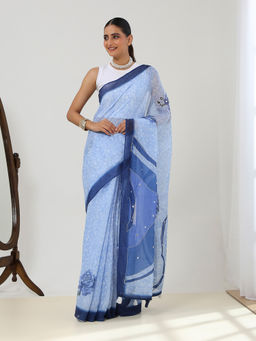 Garden VARELI - Women Blue Floral Printed Mirror Work Saree with Unstitched Blouse