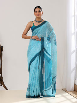 Garden VARELI - Women Blue Pure Cotton Floral Embroidered Saree with Unstitched Blouse