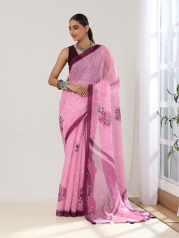 Garden VARELI - Women Pink Floral Printed Mirror Work Saree with Unstitched Blouse