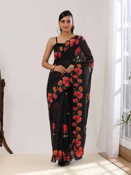 Garden VARELI - Women Black Khadi Floral Embroidered Printed Saree with Unstitched Blouse
